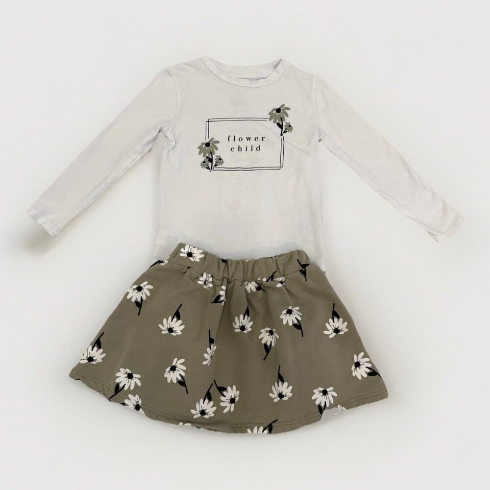 Tiny Tribe Girl’s Flower Child Outfit Long Sleeve Shirt + Daisy Skirt Size 5